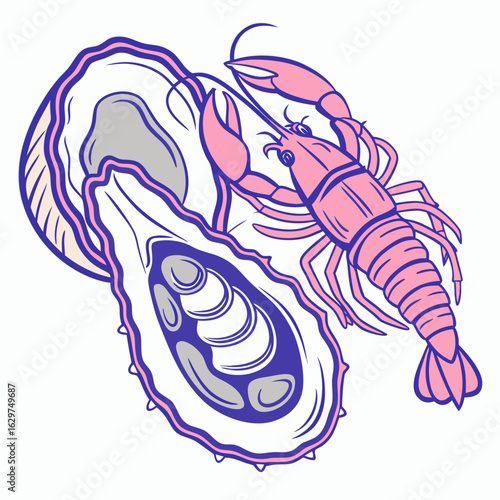 Pink lobster and oyster isolated on white background