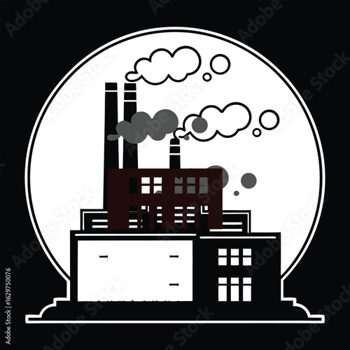Industrial factory with smokestacks emitting smoke in a circular frame silhouette