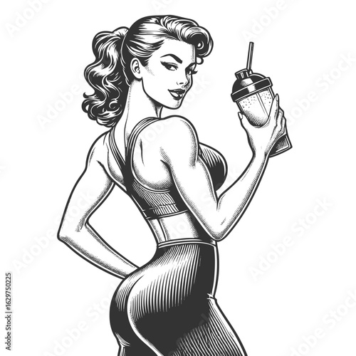 pin-up fitness woman in activewear holding a protein shake sketch engraving generative ai fictional character vector illustration. Scratch board imitation. Black and white image.
