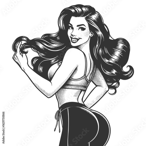 fit retro-style woman in workout clothes, posing confidently with hands in her hair sketch engraving generative ai fictional character vector illustration. Scratch board imitation. Black and white.