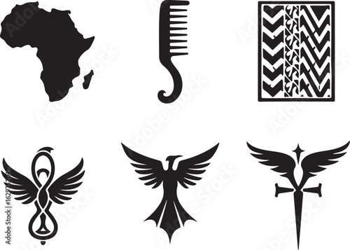 African symbols, comb, and phoenix logos for branding