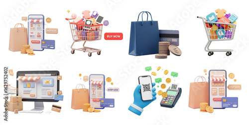 Online shopping cart with lots of paper boxes 3d illustration Shopping bags, Shopping online on mobile concept. Shopping online via laptop with money transfer credit card payments 