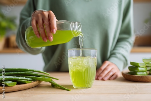 Refreshing Aloe Vera Juice Being Poured into a Glass with Ice Cubes