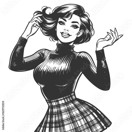 pin-up girl wearing a plaid skirt and tight turtleneck, smiling and posing playfully sketch engraving generative ai fictional character vector illustration. Scratch board imitation. Black and white.