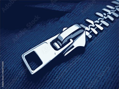 A close-up, stylized image of a metallic zipper on dark fabric, highlighting the detailed texture and sleek design in shades of blue and silver.