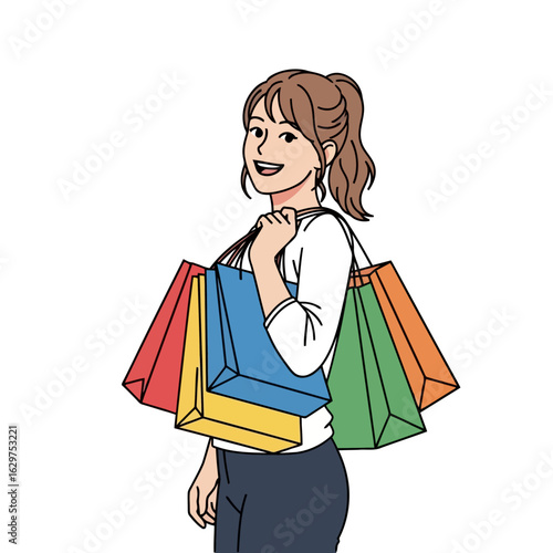 Vector art of smiling woman carrying multiple colorful shopping bags over her shoulder isolated on white background