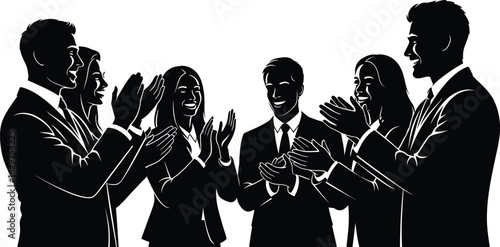 Group of business people in suits applauding with smiles in a black and white vector illustration style