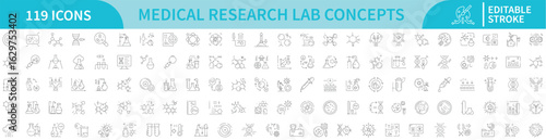 Medical research laboratory science experiment analysis healthcare innovation editable stroke icon set