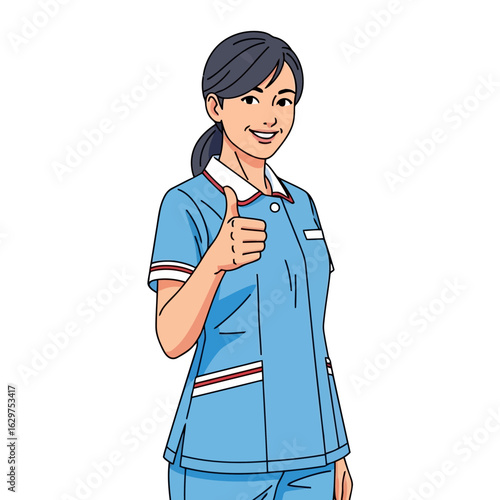 Vector art of smiling nurse in blue uniform giving a thumbs up, isolated on white background