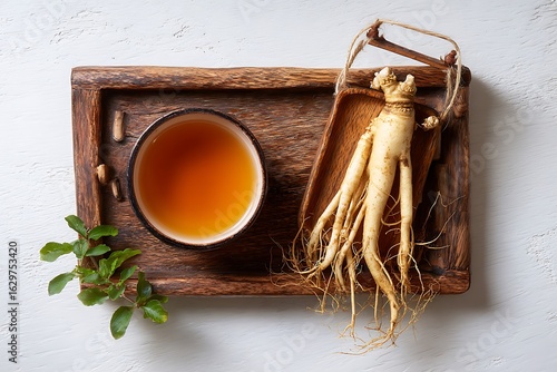 Overhead shot of ginseng root and tea on a rustic wooden tray