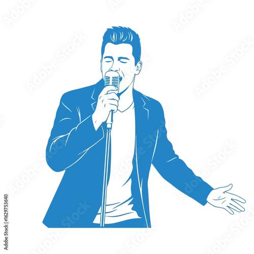 Vector art of man singing into a microphone with eyes closed, performing on stage isolated on white background