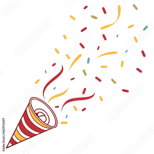 A festive party popper explodes with colorful confetti and streamers against a clean white background