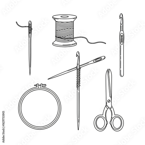 Vector art of sewing and embroidery tools including needles, thread, spool, scissors, and hoop, isolated on white background