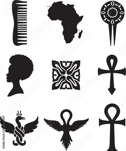 Afrocentric symbols hair comb Africa map woman silhouette ankh phoenix