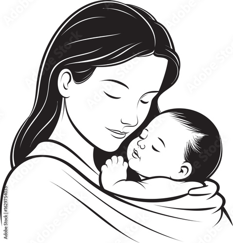 Protective Embrace Mother and Child Black Line Art Mother with Baby