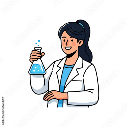 Vector art of a female scientist holding a flask with blue liquid and bubbles, isolated on white background