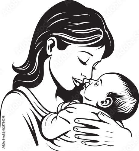 Vector Embrace Mom and Baby Together Black Silhouette Mother Holding Baby