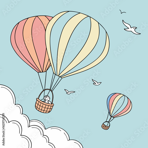 Charming illustration of three hot air balloons soaring through a clear blue sky with fluffy clouds and birds flying