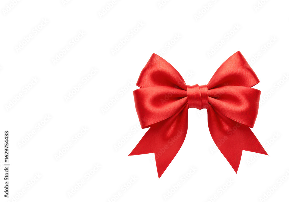 Fototapeta premium Pristine red satin bow, elegantly tied and meticulously formed from high-quality ribbon, against an expansive transparent background with copy space, high-key lighting. Concept of luxury and