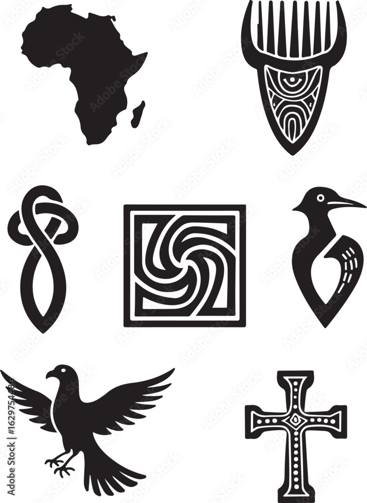 Obraz premium Discover striking cultural symbols: Africa, cross, bird, and more