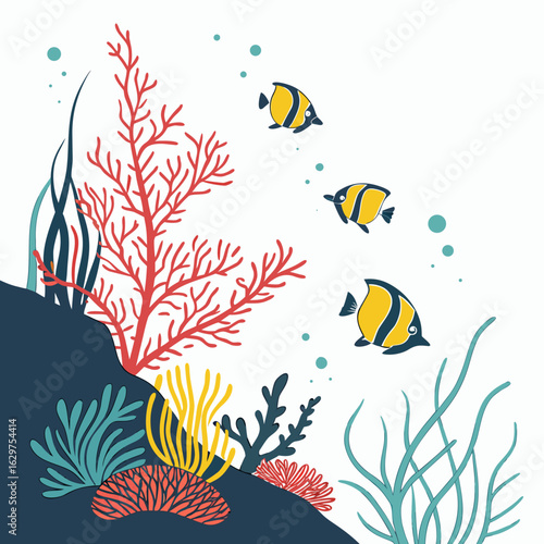 Colorful coral reef scene with three angelfish and bubbles