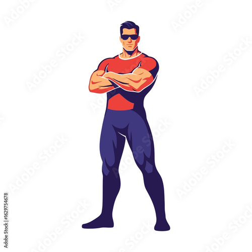 Vector art of muscular man in superhero costume with crossed arms, isolated on white background