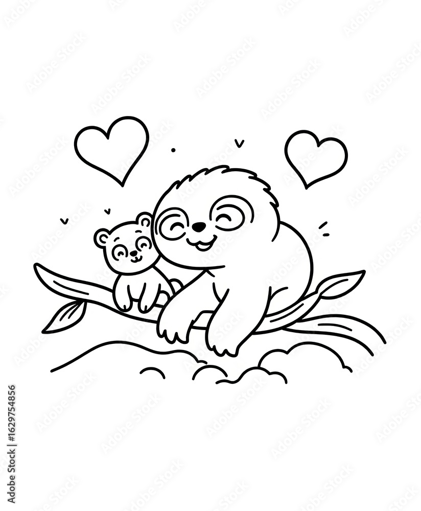 Naklejka premium Cute and Playful Sloth with Baby Sloth on a Branch Surrounded by Hearts in a Whimsical Drawing Style for Kids' Activities and Coloring Pages