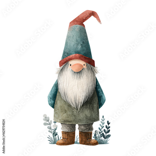 Watercolor Scandinavian Christmas Gnome with Red Hat and Teal Coat on Transparent Background  
