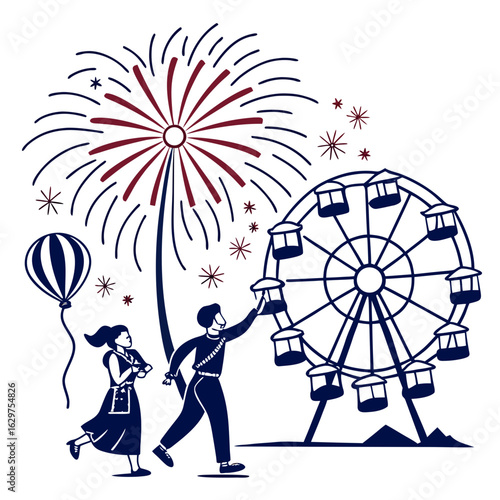 Couple enjoys a festive fairground with fireworks and ferris wheel
