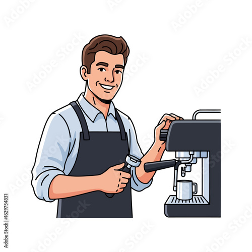 Vector art of barista making coffee with an espresso machine, isolated on white background