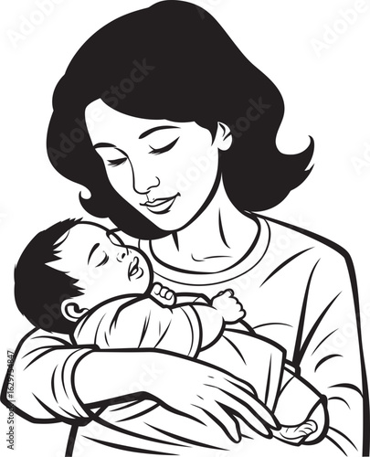 Mother’s Serenity Baby in Embrace Stylish Hug Mother and Baby Silhouette