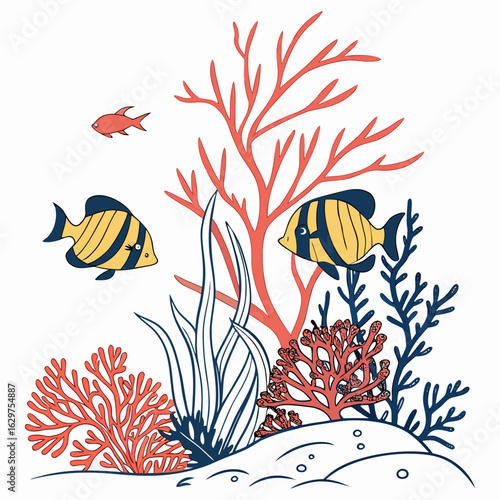 Cute cartoon fish swimming among colorful coral reefs and seaweed