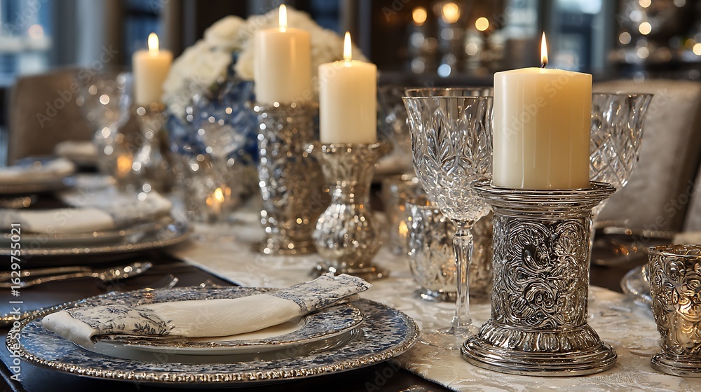 Fototapeta premium Romantic elegant dining table set with shining crystal glasses and softly glowing candles, designed for cozy dinners or festive events, with blank back wall perfect for text or logo.
