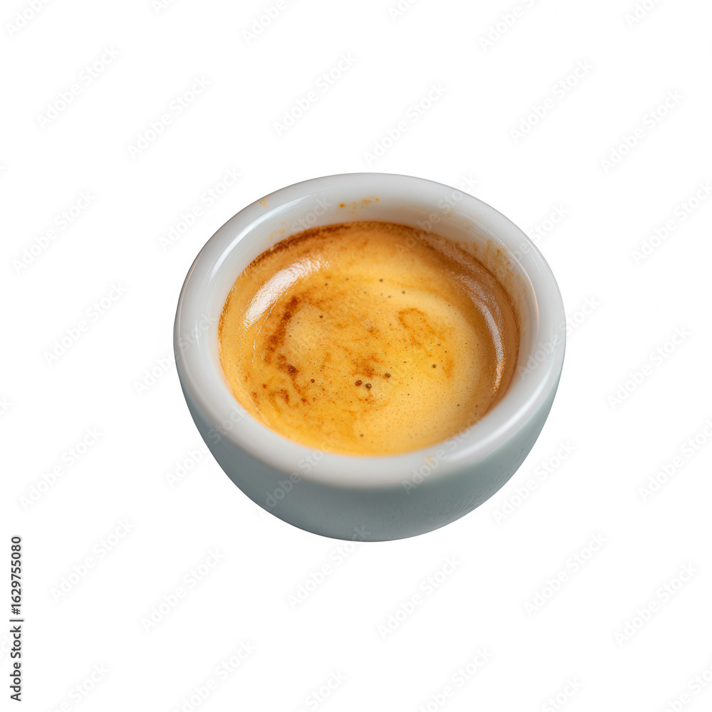 A close-up view of a white espresso cup filled with rich, creamy espresso, showcasing its vibrant color against a white background. A close-up view of a white espresso cup filled with rich, creamy espresso, showcasing its vibrant color against a white background.