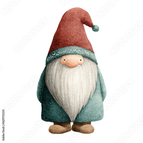 Watercolor Scandinavian Christmas Gnome with Red Hat and Teal Coat on Transparent Background  
