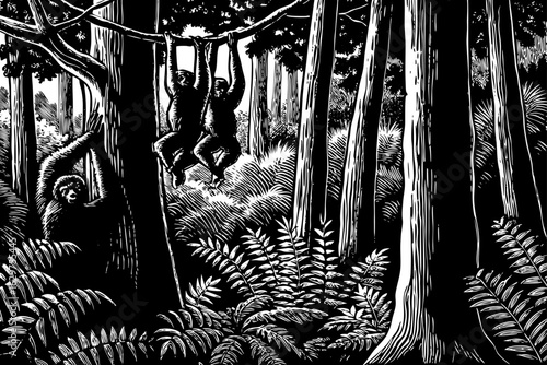 Kakamega Forest in Kenya filled with rare primates and ferns, black and white line art illustration