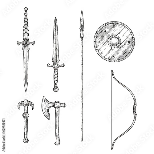 Vector art of collection of medieval weapons and armor including swords, axe, shield, spear, and bow isolated on white background