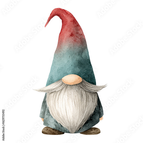 Watercolor Scandinavian Christmas Gnome with Red Hat and Teal Coat on Transparent Background  
