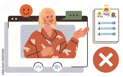 Woman presenting during a virtual meeting with chat bubbles, participant ranking list, happy face, and error icon. Ideal for virtual communication, teamwork, leadership, feedback, collaboration