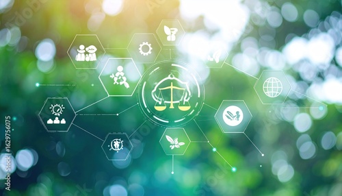 Sustainable development and justice concept illustrated with interconnected icons