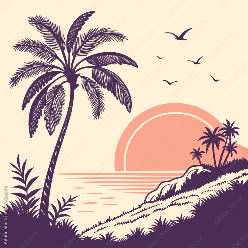 Naklejka premium Stylized tropical beach scene with palm trees and a sunset over the ocean and flying birds