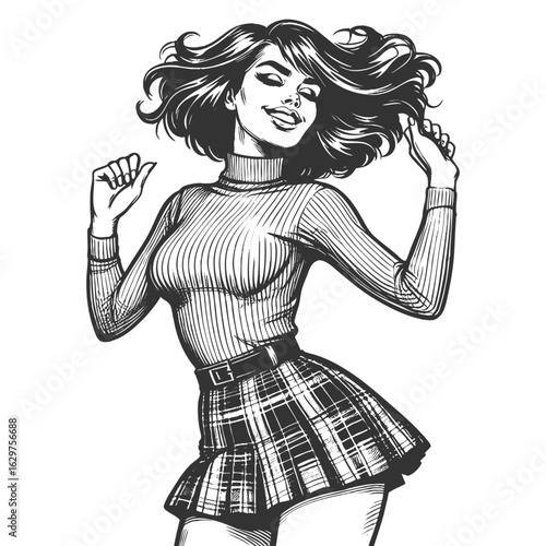 pin-up girl wearing a plaid skirt and tight turtleneck, smiling and posing playfully sketch engraving generative ai fictional character vector illustration. Scratch board imitation. Black and white.