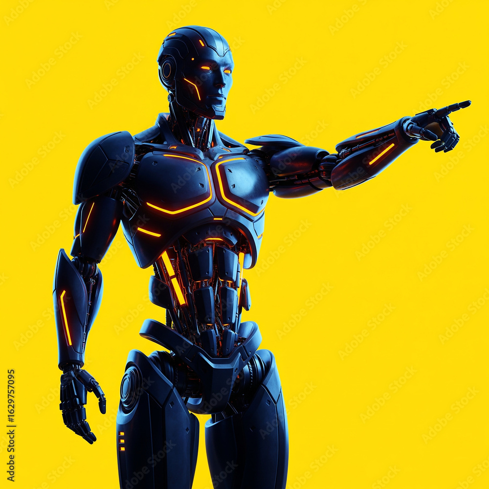 Fototapeta premium Futuristic robot pointing with glowing orange circuits