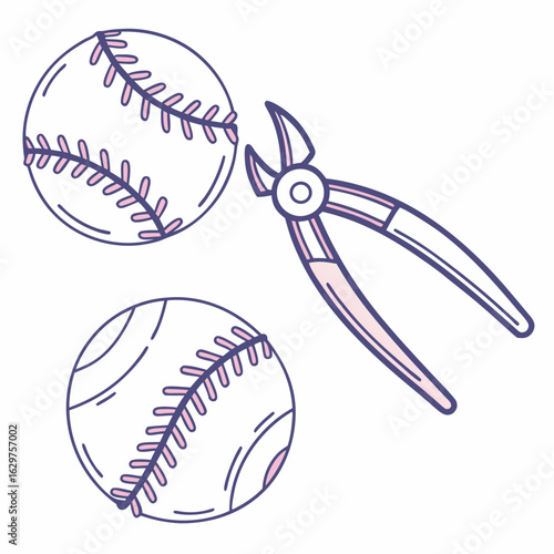 Two baseballs and a pair of pliers with a pastel purple outline and fill