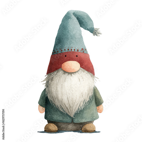 Watercolor Scandinavian Christmas Gnome with Red Hat and Teal Coat on Transparent Background  
