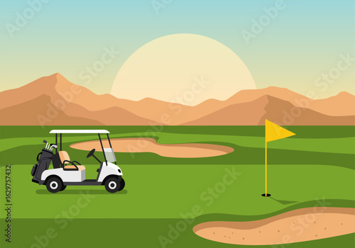 Professional golf course scene with a cart and flagstick at sunrise. Flat vector landscape design.