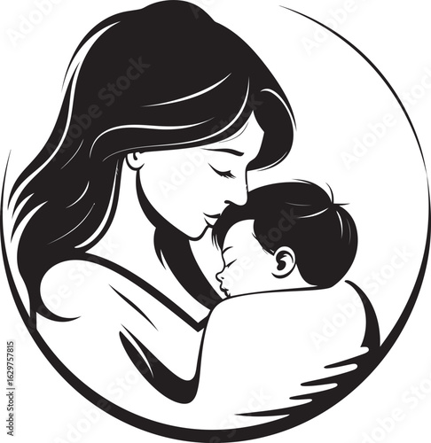 Protective Mother Holding Her Infant Black Silhouette Motherly Embrace