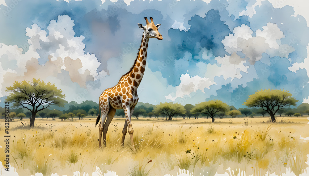 Obraz premium Colorful watercolor illustration of a charming giraffe in its natural habitat, with expressive brushstrokes and a gentle palette.