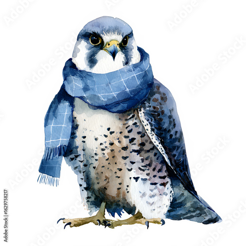 A bird is wearing a blue scarf and standing on a white background. The bird has a serious expression on its face
