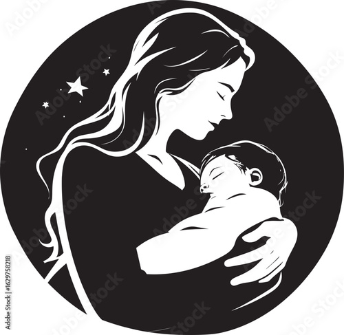 Elegant Mother and Baby Silhouette Warm Mother Cradling Her Baby